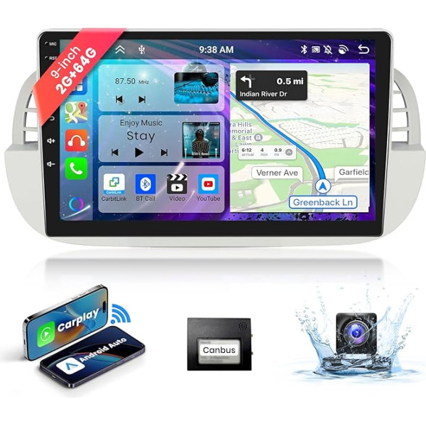 2G + 64G 9 дюймов Автомобильное радио Bluetooth для Fiat 500 2007-2015 Carplay Android Беспроводной автомобиль, podofo 8-ядерный Android радио 2 DIN с экраном GPS Навигация HiFi