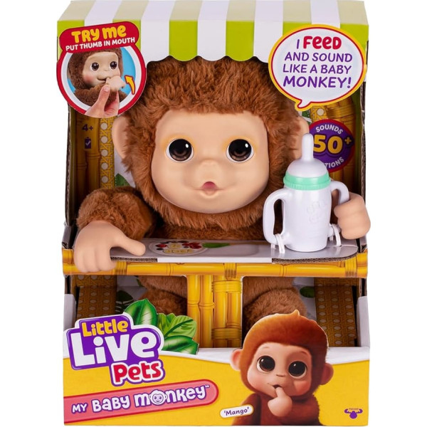 Little Live Pets «Моя обезьянка Манго» с бутылочкой — мягкий и пушистый интерактивный набор игрушек для детей от 4 лет — более 50 звуков и реакций